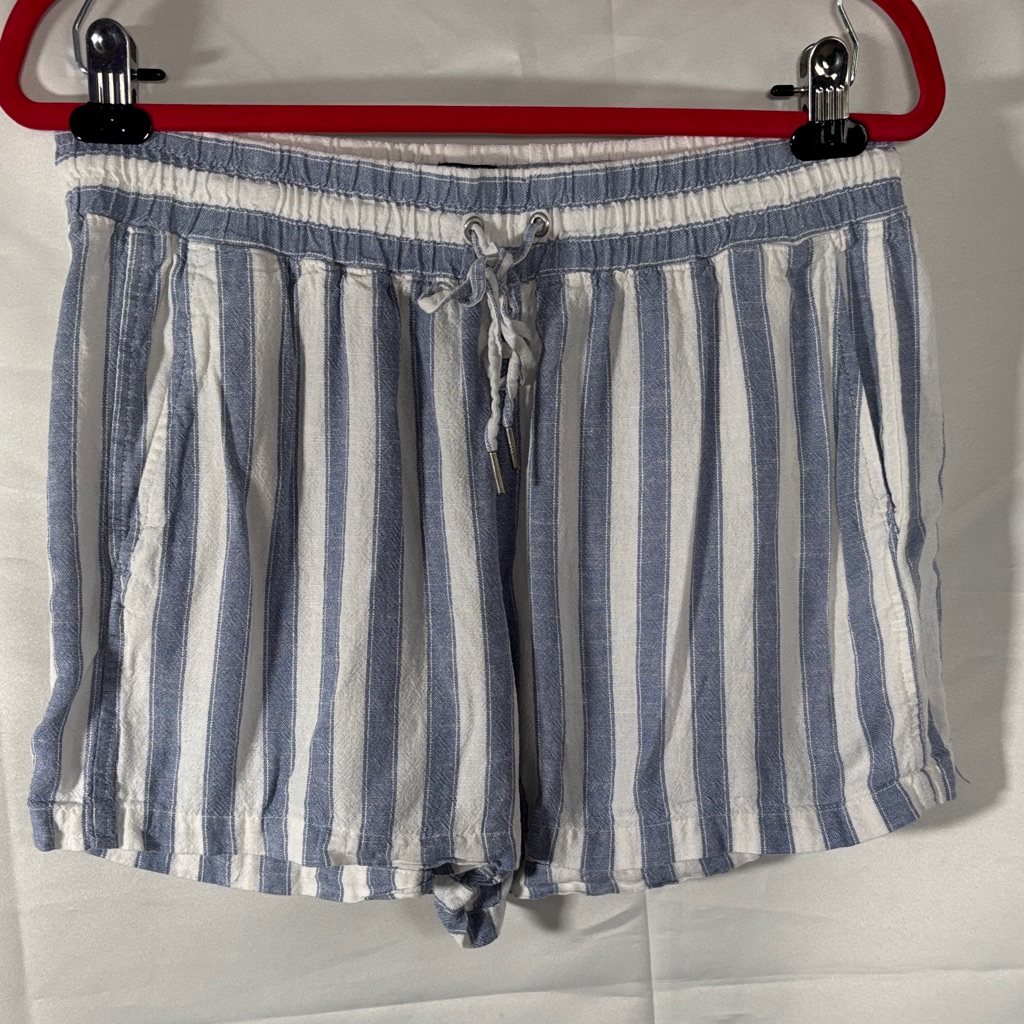 Gap Linen Blend Shorts Women's Size L Blue White Stripes Drawstring Coastal